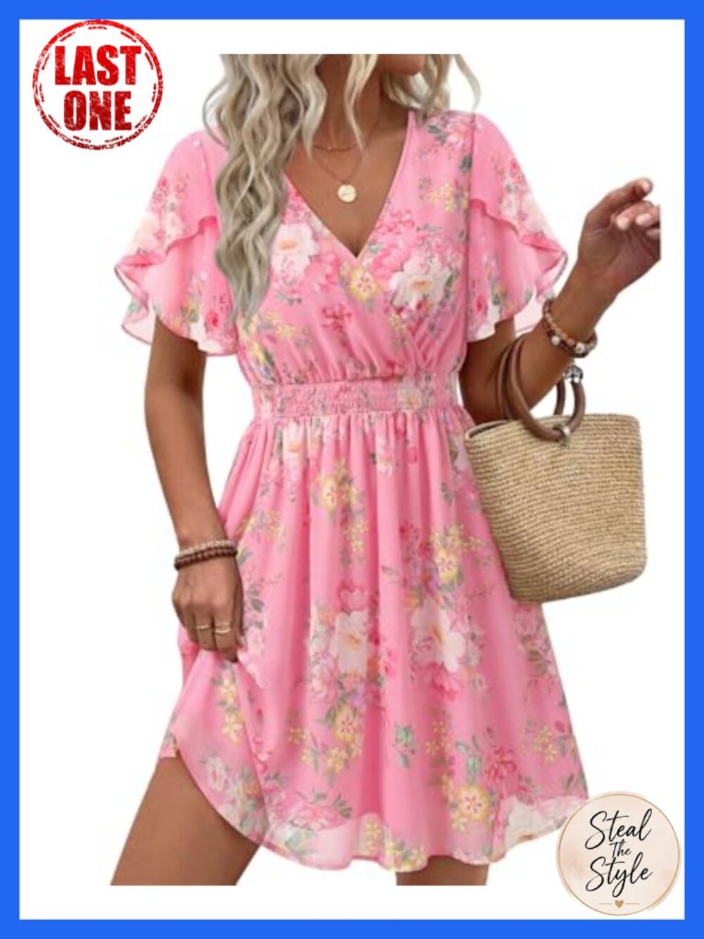 Womens Boho Floral Chiffon Ruffle Sleeve Dress V-Neck Flowy Summer Maxi